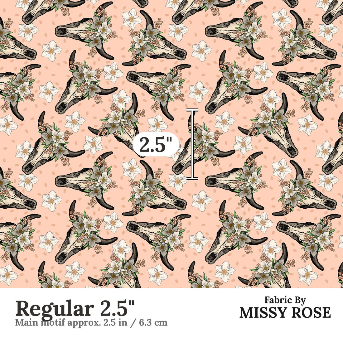 Design 37 Peach Cowskull Fabric Regular 2.5" - print scale | Fabric by Missy Rose