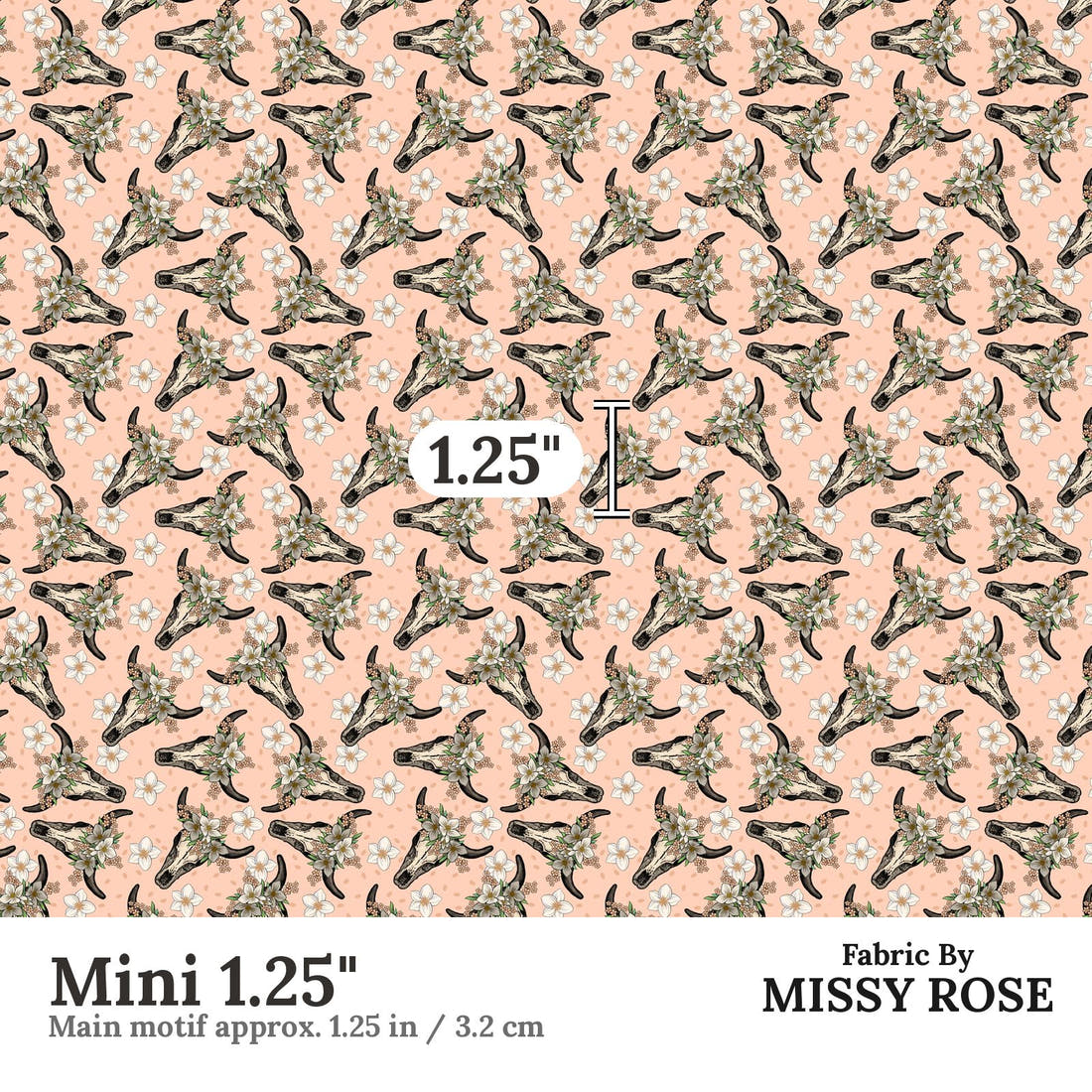 Design 37 Peach Cowskull Fabric Mini 1.25" - print scale | Fabric by Missy Rose