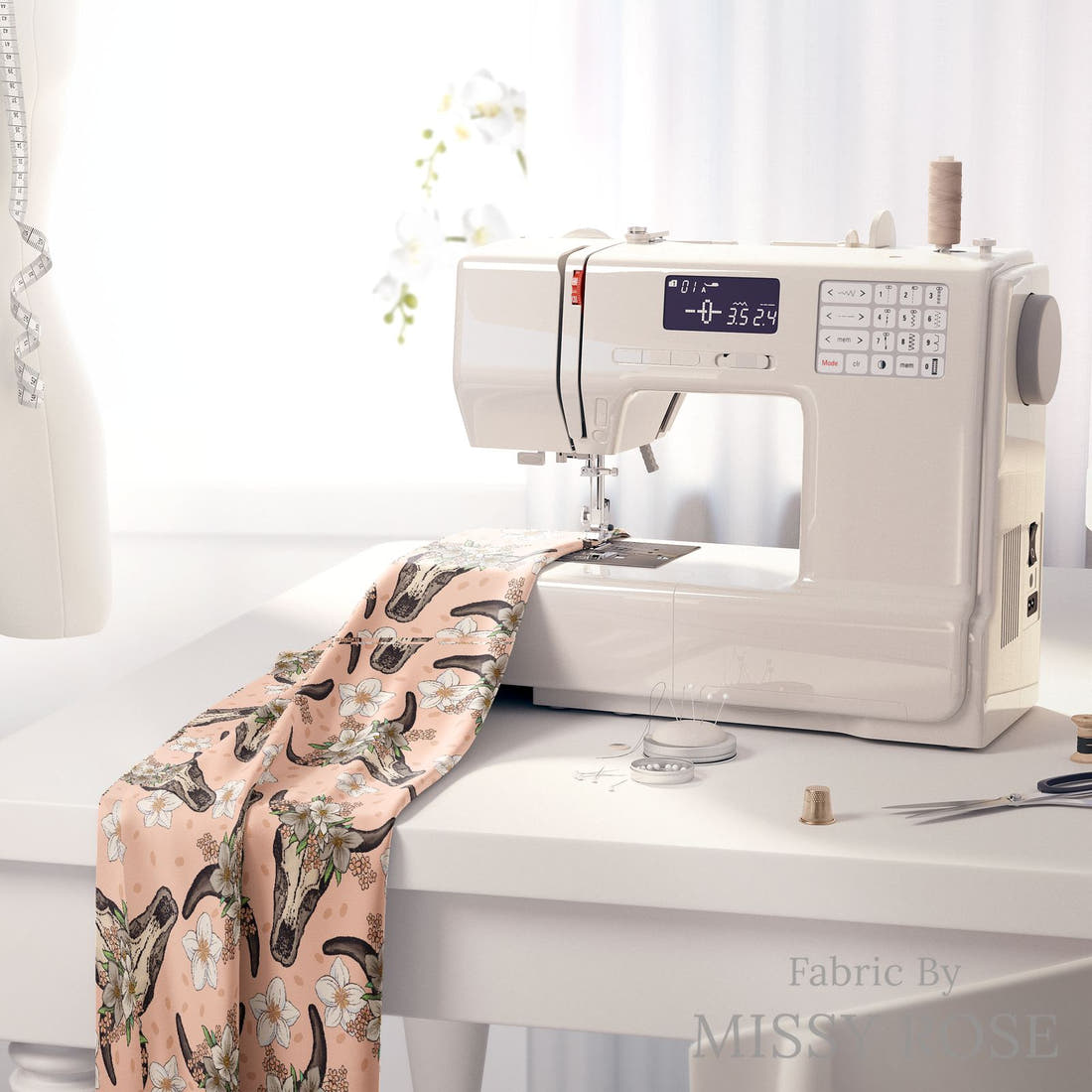 Design 37 Peach Cowskull Fabric on a sewing machine – premium fabric for sewing projects | Fabric by Missy Rose