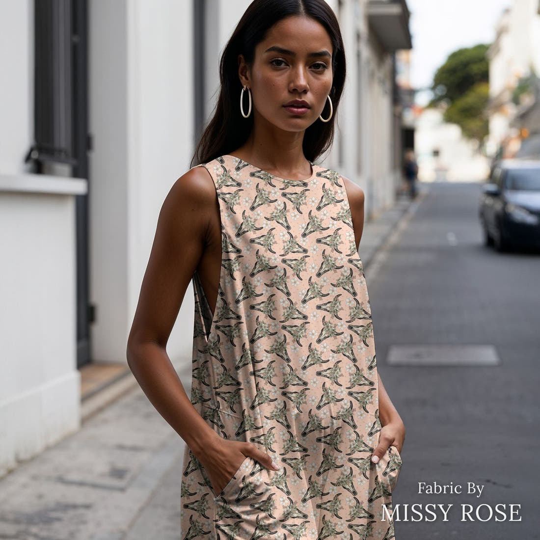 Design 37 Peach Cowskull Fabric sewn into a women's jumpsuit – see how the print looks made up | Fabric by Missy Rose