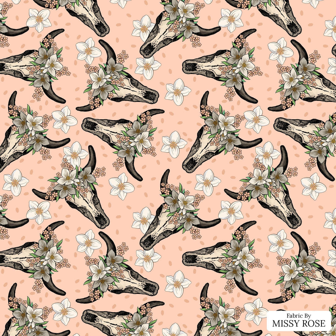 Design 37 Peach Cowskull Fabric - flat view of the print, zoom in for detail | Fabric by Missy Rose