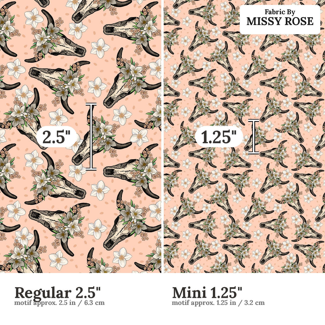 Design 37 Peach Cowskull Fabric size comparison - print scale | Fabric by Missy Rose