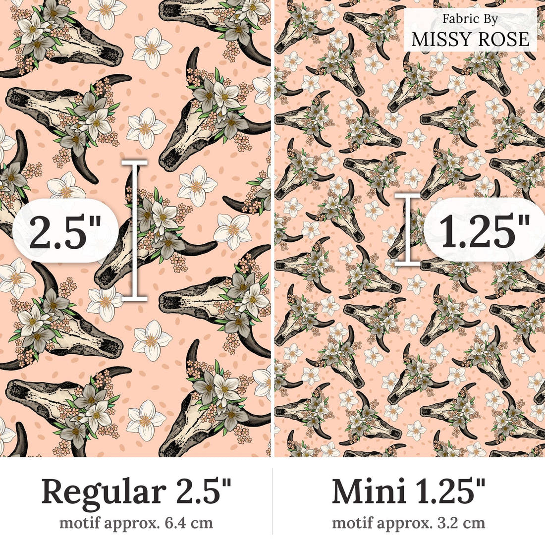 Design 37 Peach Cowskull Fabric Regular 2.5 inch vs Mini 1.25 inch print scale side by side | Fabric by Missy Rose