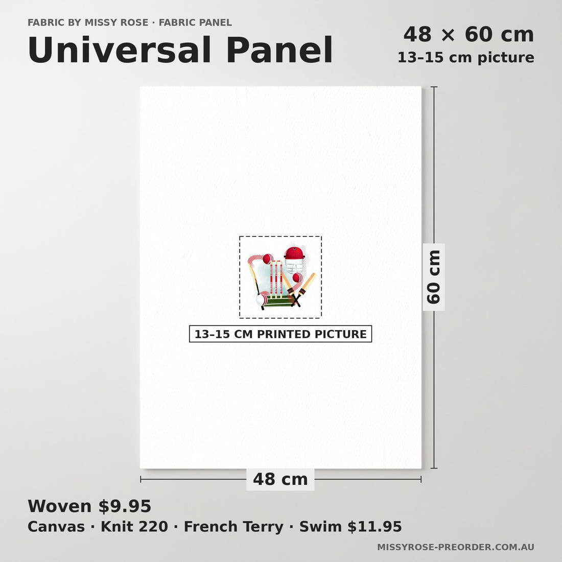Design 370 Sport Panel universal panel sizing – 13–15 cm printed picture on 48 × 60 cm fabric | Fabric by Missy Rose