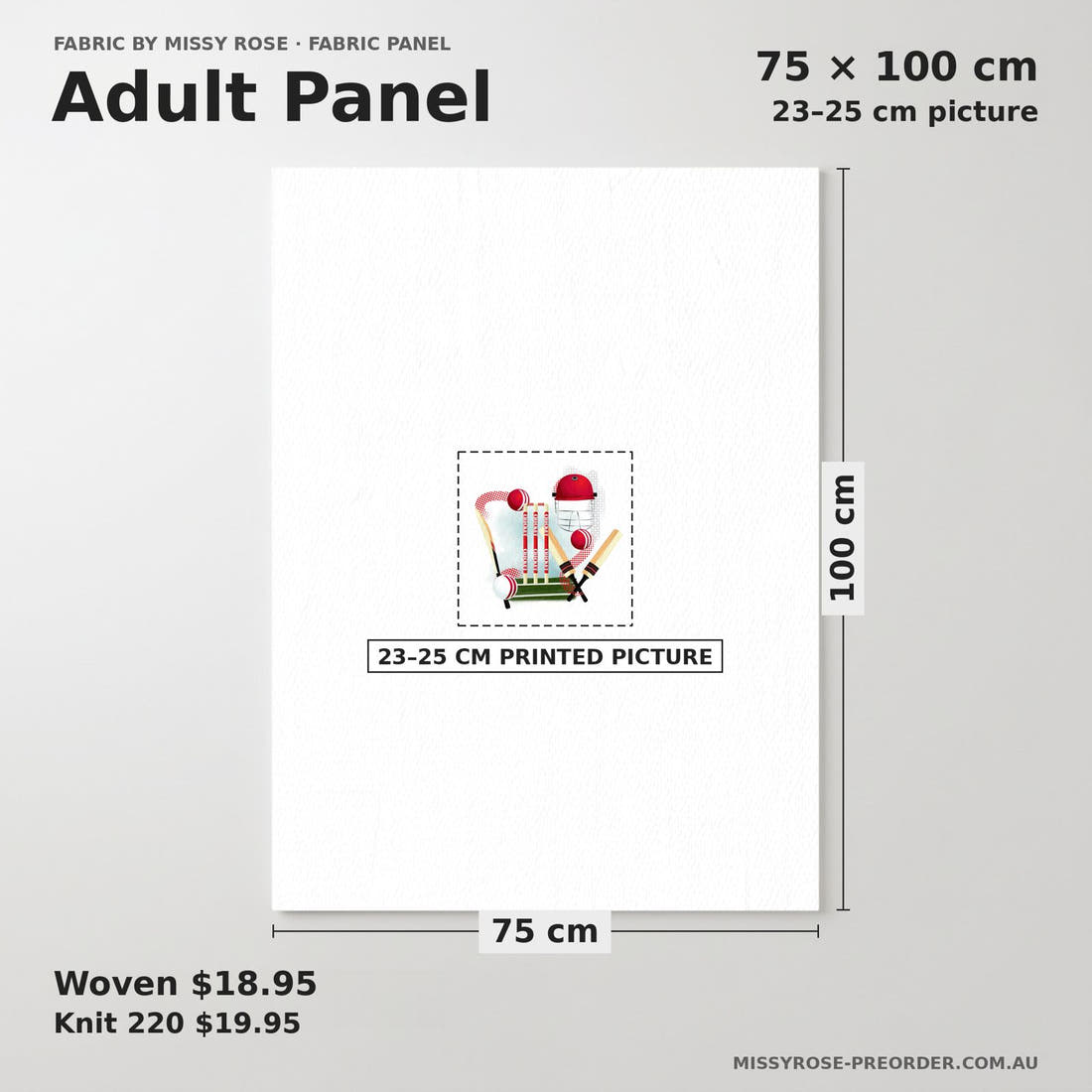 Design 370 Sport Panel adult panel sizing – 23–25 cm printed picture on 75 × 100 cm fabric | Fabric by Missy Rose