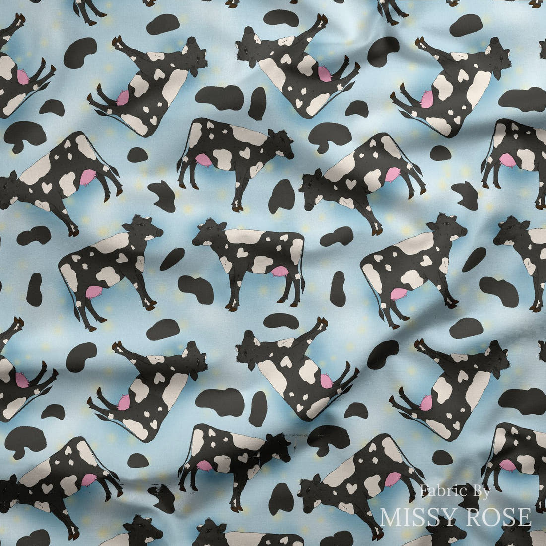 Design 371 Blue Cow Fabric draped fabric mockup – custom printed fabric by the metre | Fabric by Missy Rose