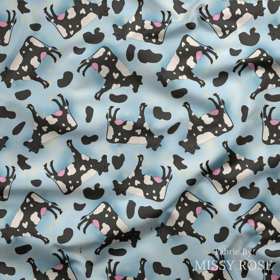 Design 371 Blue Cow Fabric draped fabric mockup – custom printed fabric by the metre | Fabric by Missy Rose