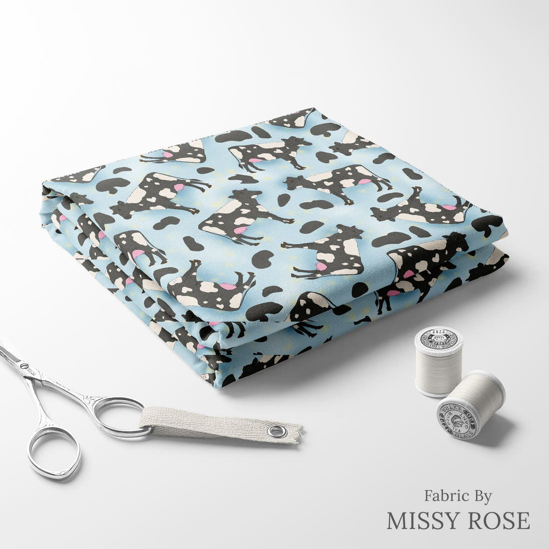Design 371 Blue Cow Fabric folded fabric stack with matching thread – pre-order fabric Australia | Fabric by Missy Rose