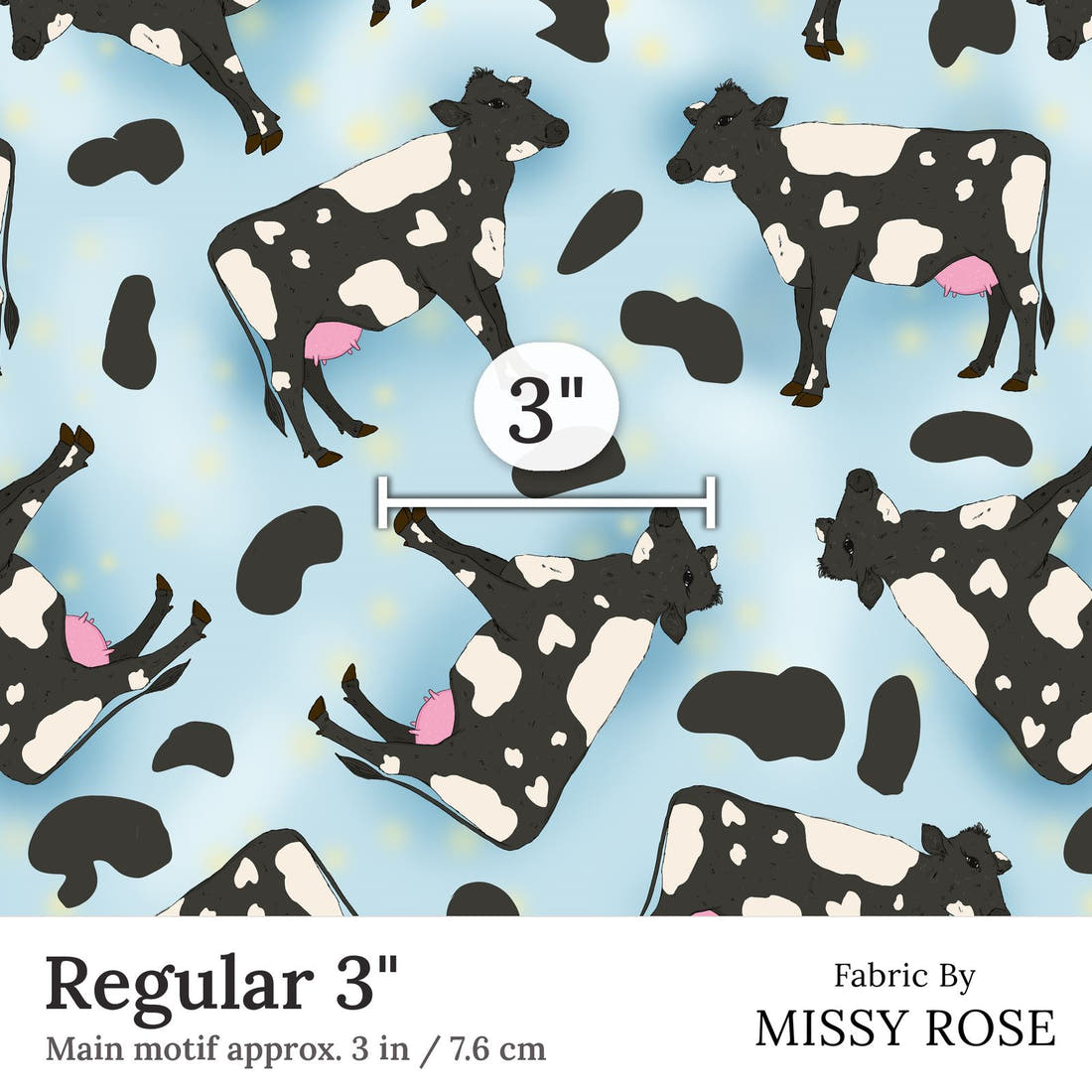 Design 371 Blue Cow Fabric Regular 3 inch print scale guide | Fabric by Missy Rose