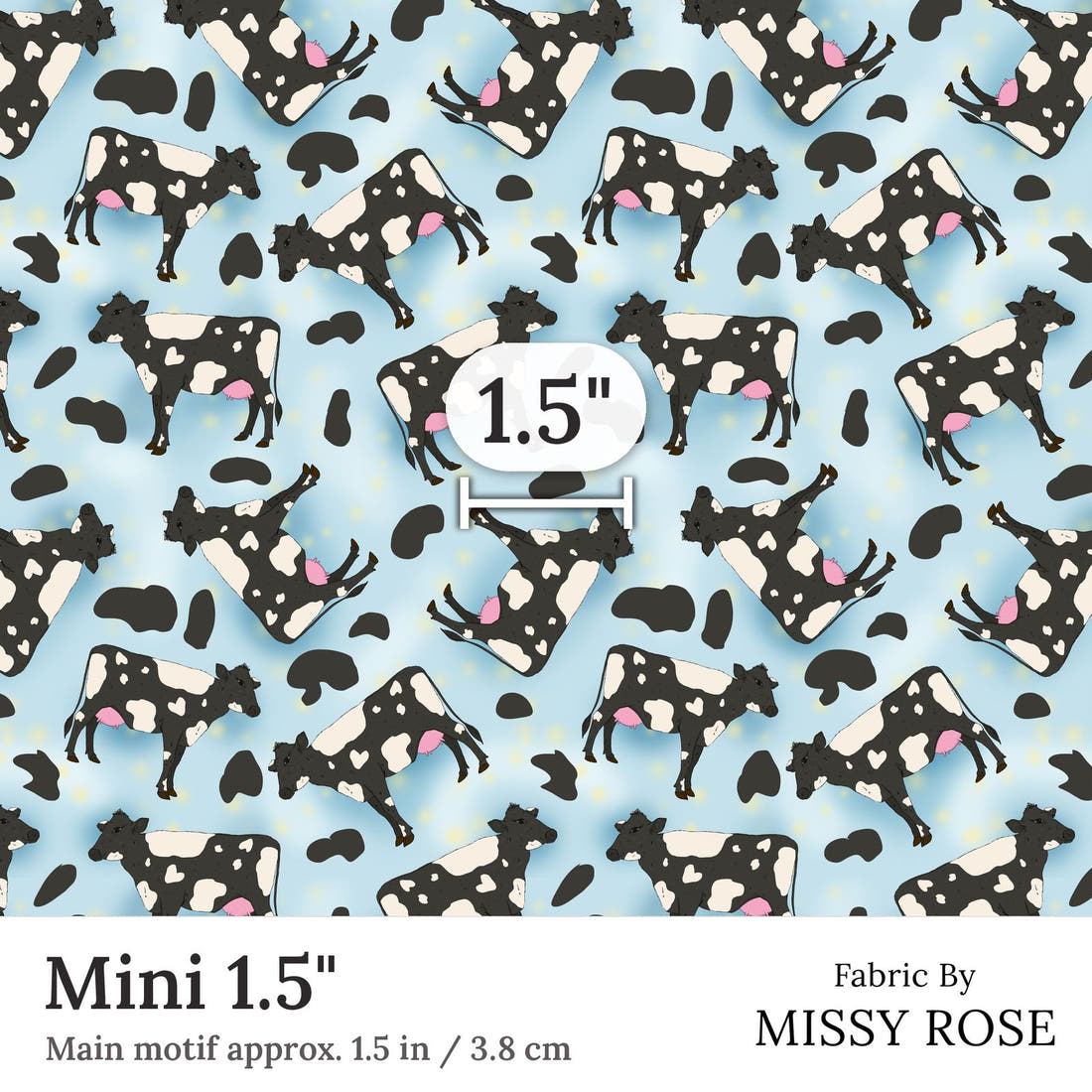 Design 371 Blue Cow Fabric Mini 1.5 inch print scale guide | Fabric by Missy Rose