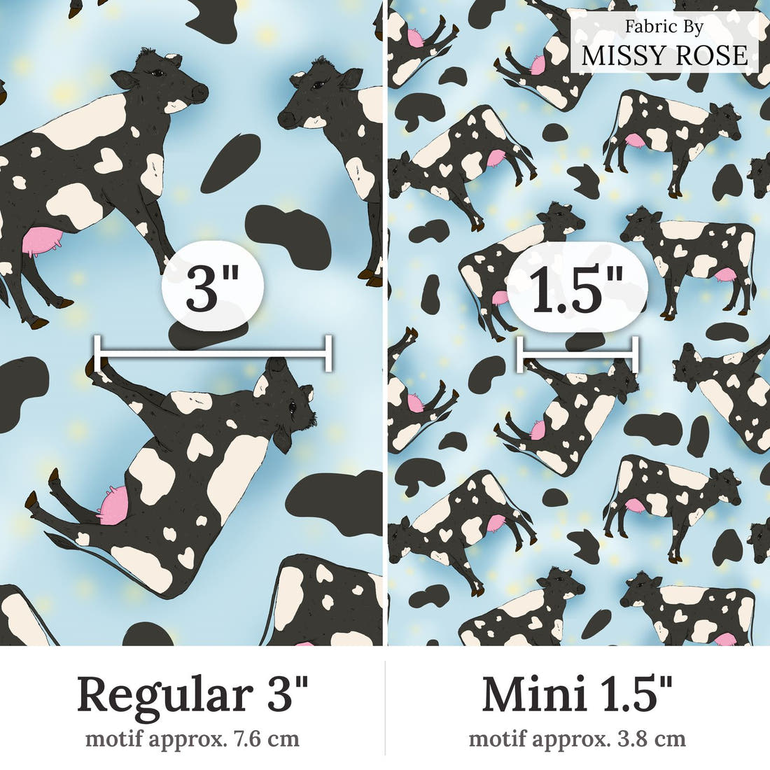 Design 371 Blue Cow Fabric Regular 3 inch vs Mini 1.5 inch print scale side by side | Fabric by Missy Rose
