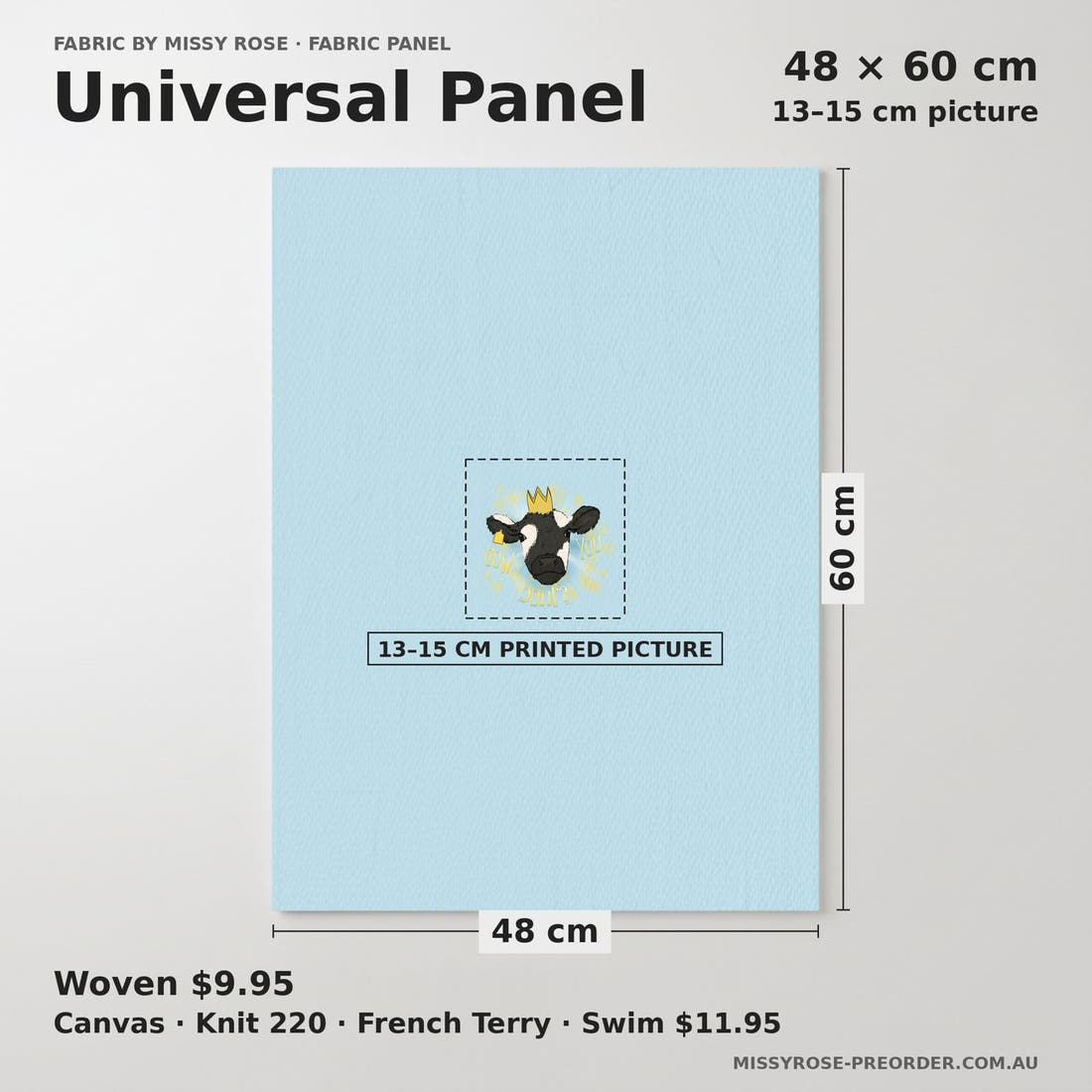 Design 371 Blue Cow Panel universal panel sizing – 13–15 cm printed picture on 48 × 60 cm fabric | Fabric by Missy Rose