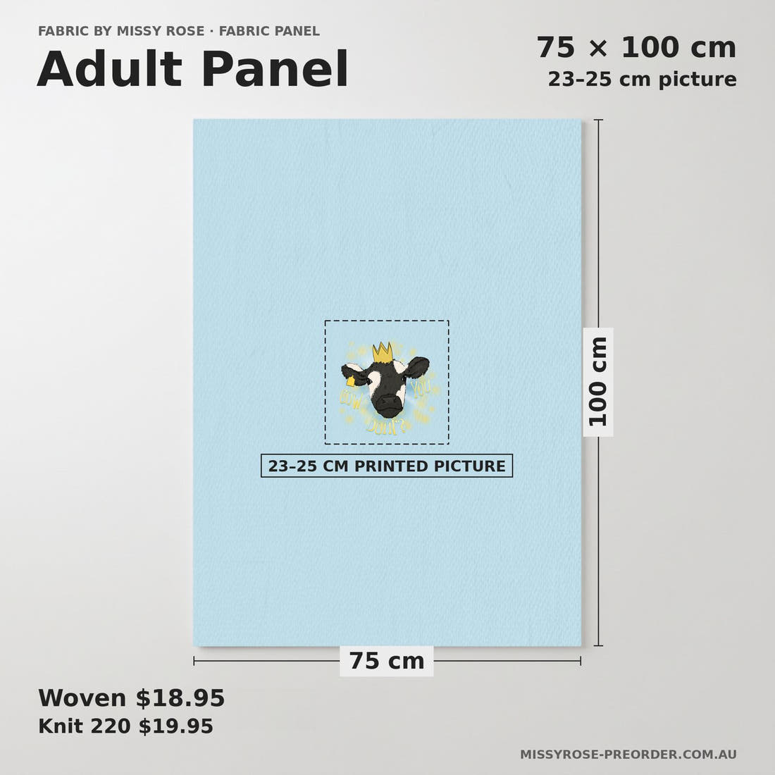 Design 371 Blue Cow Panel adult panel sizing – 23–25 cm printed picture on 75 × 100 cm fabric | Fabric by Missy Rose