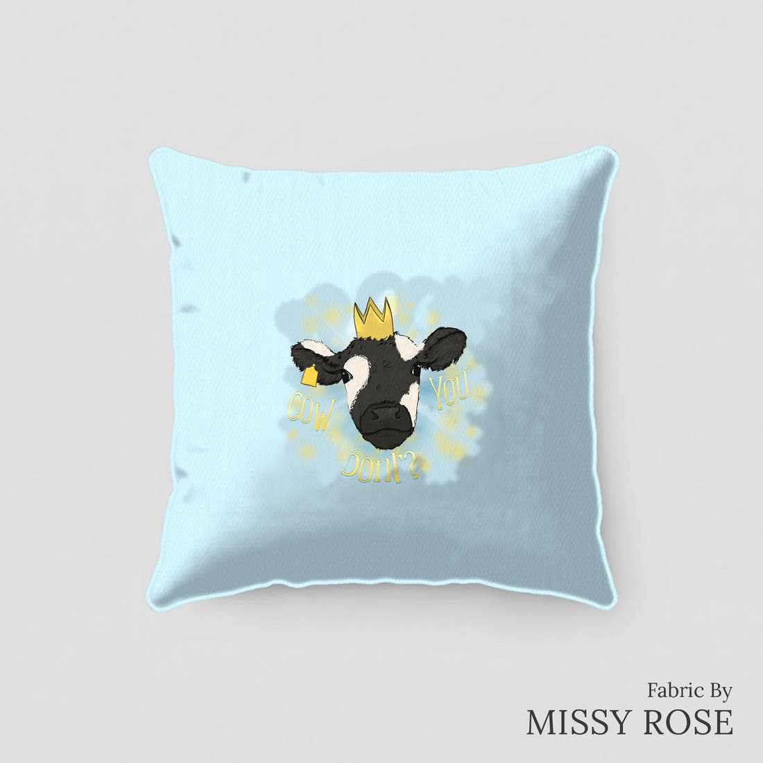 Design 371 Blue Cow Panel sewn into a cushion – see how the panel looks made up | Fabric by Missy Rose