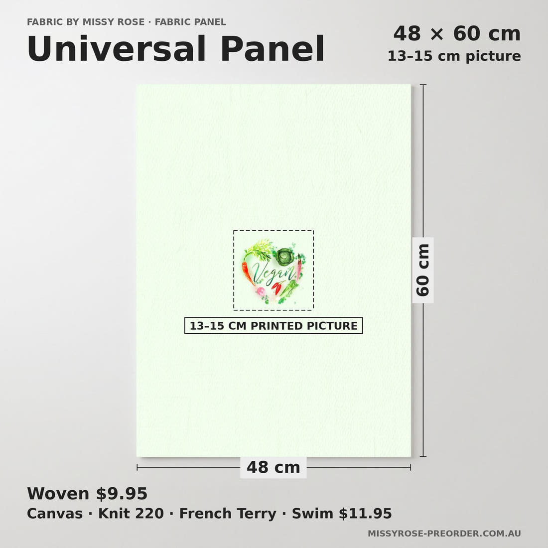 Design 372 Vegan Panel universal panel sizing – 13–15 cm printed picture on 48 × 60 cm fabric | Fabric by Missy Rose
