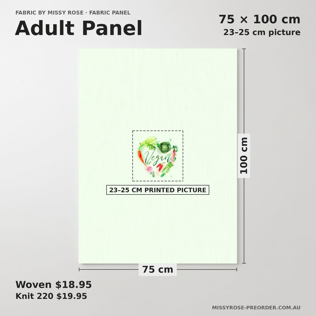 Design 372 Vegan Panel adult panel sizing – 23–25 cm printed picture on 75 × 100 cm fabric | Fabric by Missy Rose