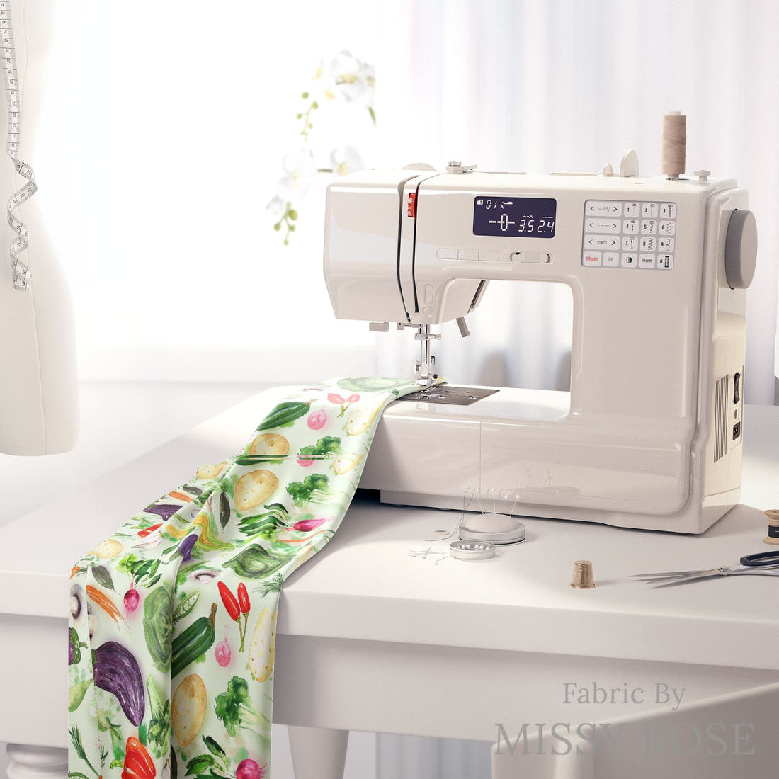 Design 372 Vegan Fabric on a sewing machine – premium fabric for sewing projects | Fabric by Missy Rose