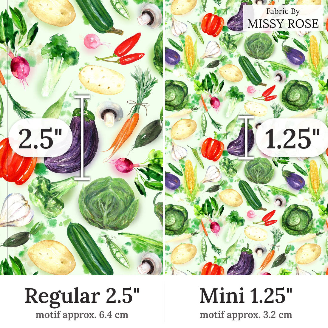 Design 372 Vegan Fabric Regular 2.5 inch vs Mini 1.25 inch print scale side by side | Fabric by Missy Rose