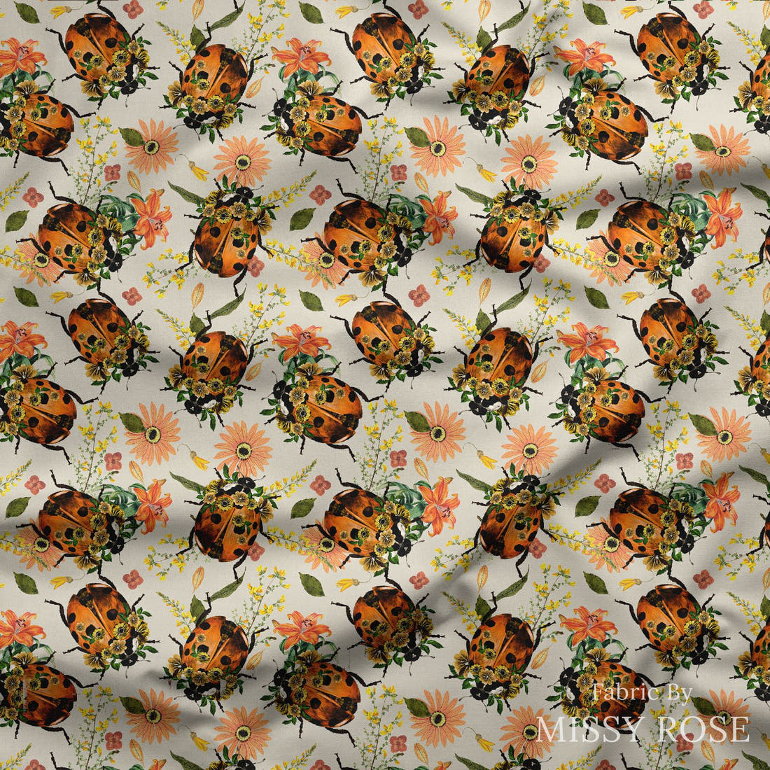Design 373 Floral Lady Beetle Fabric draped fabric mockup – custom printed fabric by the metre | Fabric by Missy Rose