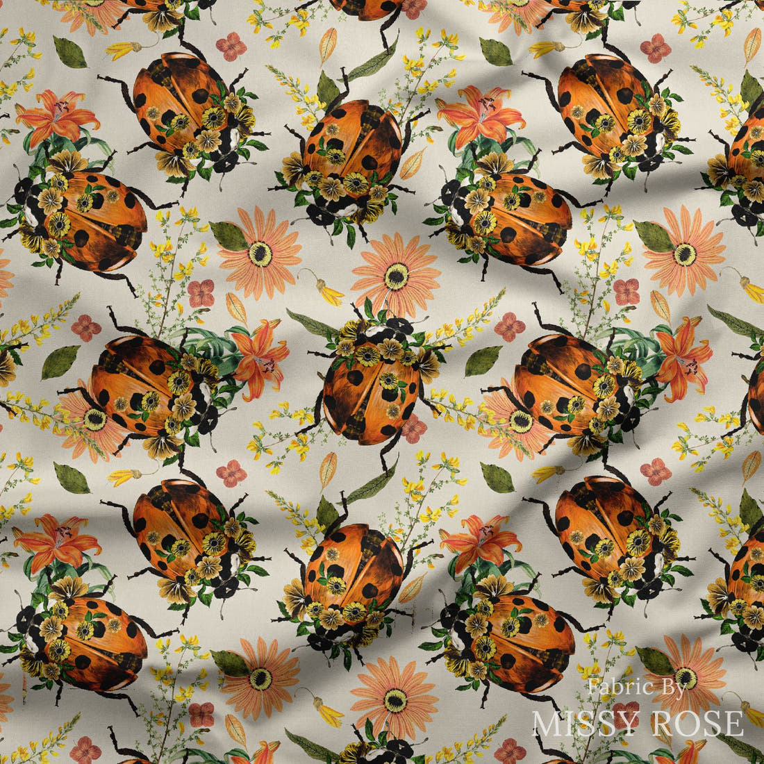 Design 373 Floral Lady Beetle Fabric draped fabric mockup – custom printed fabric by the metre | Fabric by Missy Rose
