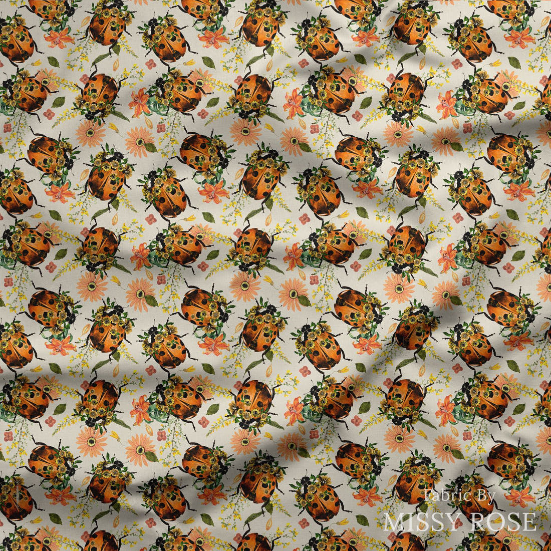 Design 373 Floral Lady Beetle Fabric draped fabric mockup – custom printed fabric by the metre | Fabric by Missy Rose
