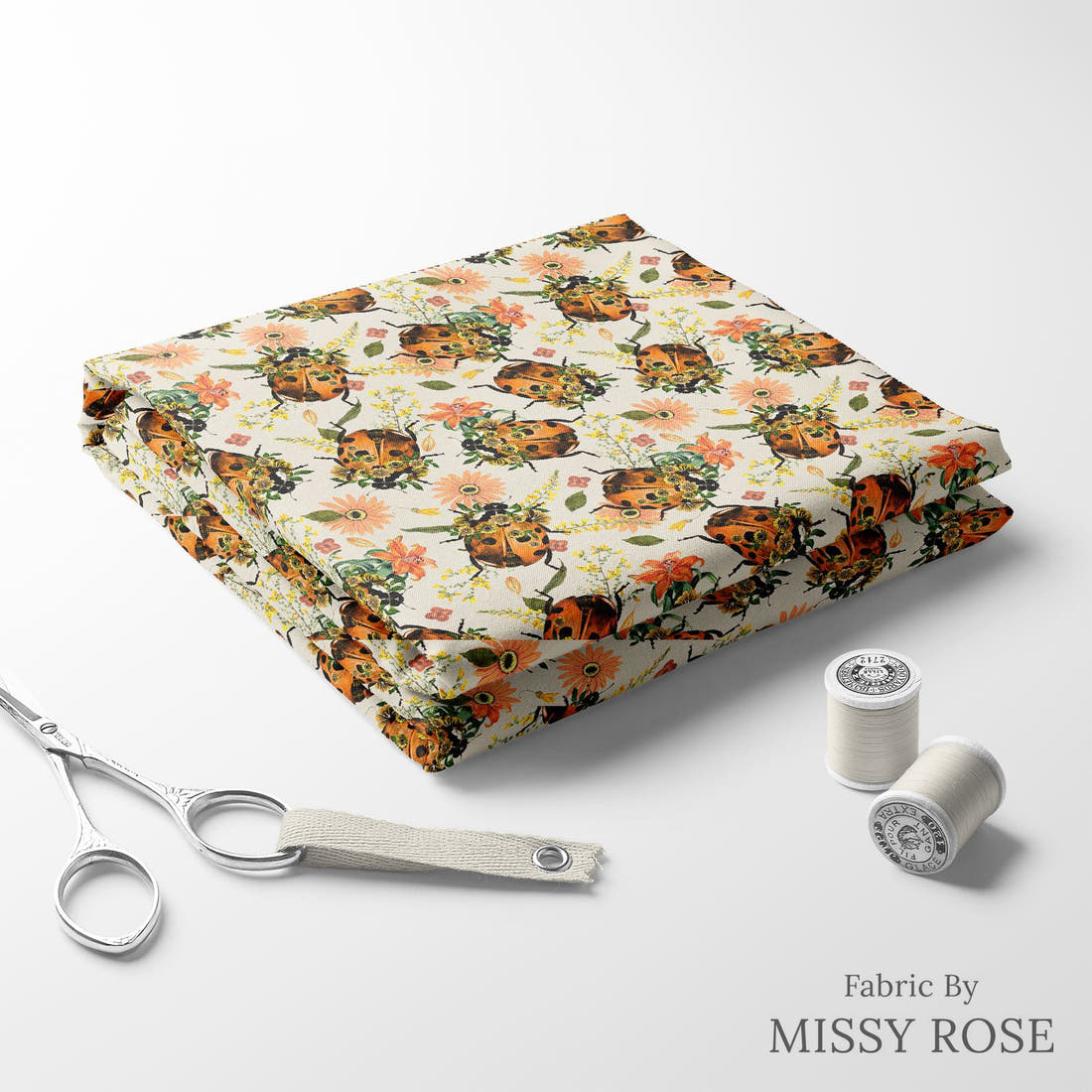 Design 373 Floral Lady Beetle Fabric folded fabric stack with matching thread – pre-order fabric Australia | Fabric by Missy Rose