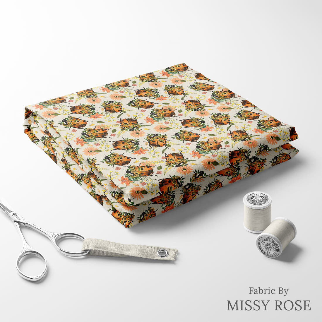 Design 373 Floral Lady Beetle Fabric folded fabric stack with matching thread – pre-order fabric Australia | Fabric by Missy Rose