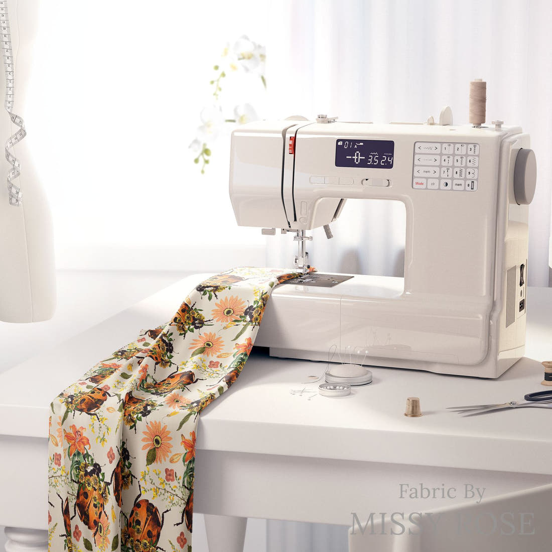 Design 373 Floral Lady Beetle Fabric on a sewing machine – premium fabric for sewing projects | Fabric by Missy Rose