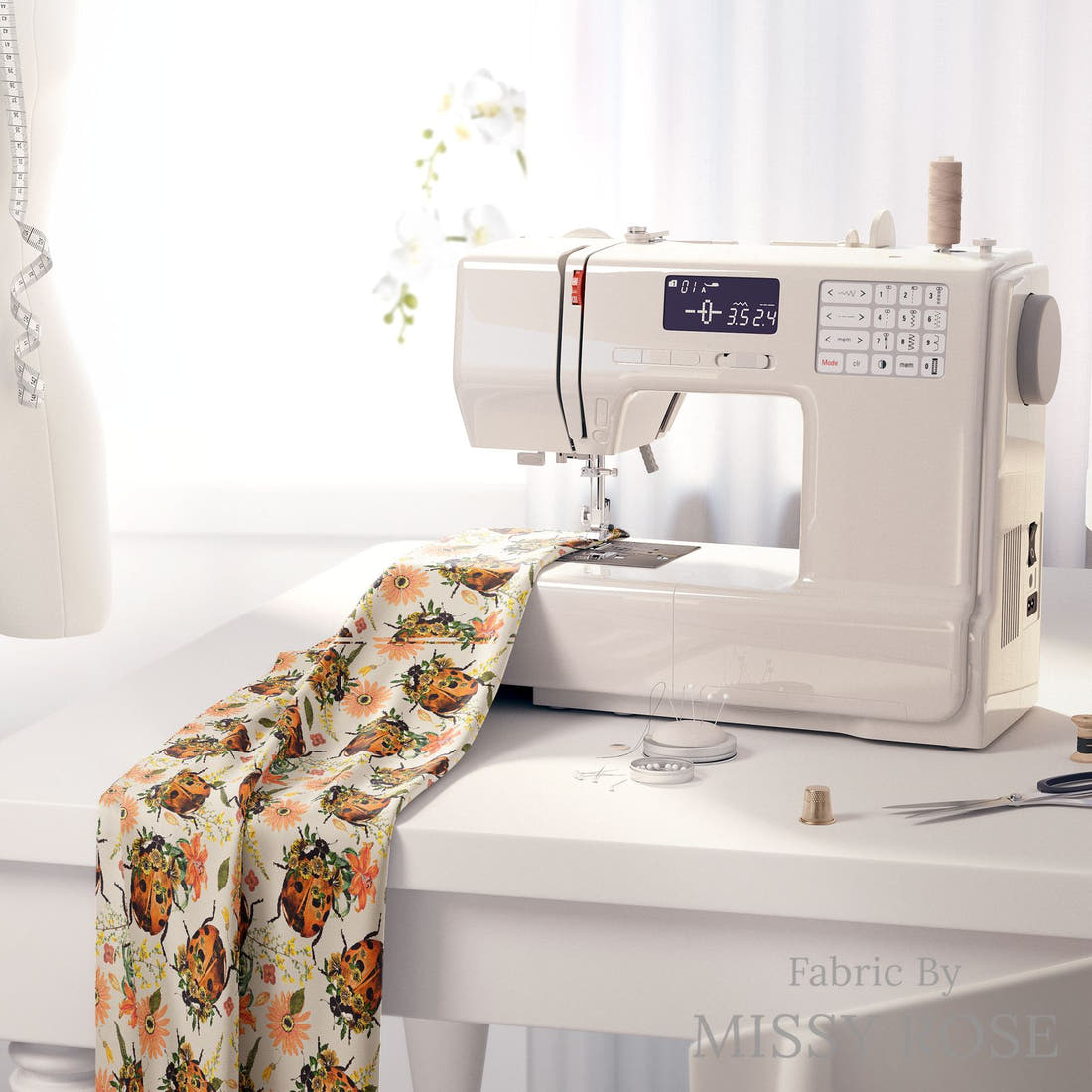 Design 373 Floral Lady Beetle Fabric on a sewing machine – premium fabric for sewing projects | Fabric by Missy Rose