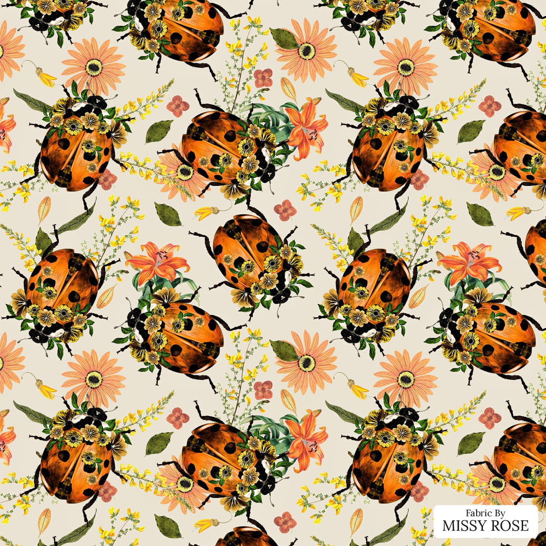 Design 373 Floral Lady Beetle Fabric - flat view of the print, zoom in for detail | Fabric by Missy Rose