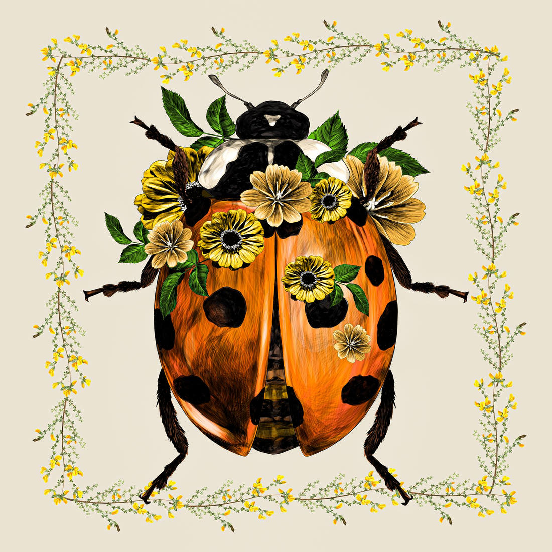 Design 373 Floral Lady Beetle Panel – full artwork close-up of the printed picture | Fabric by Missy Rose