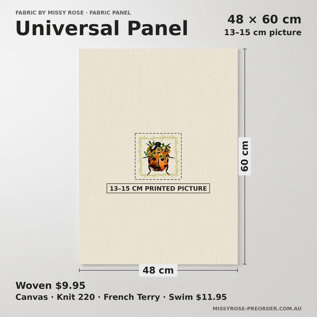 Design 373 Floral Lady Beetle Panel universal panel sizing – 13–15 cm printed picture on 48 × 60 cm fabric | Fabric by Missy Rose