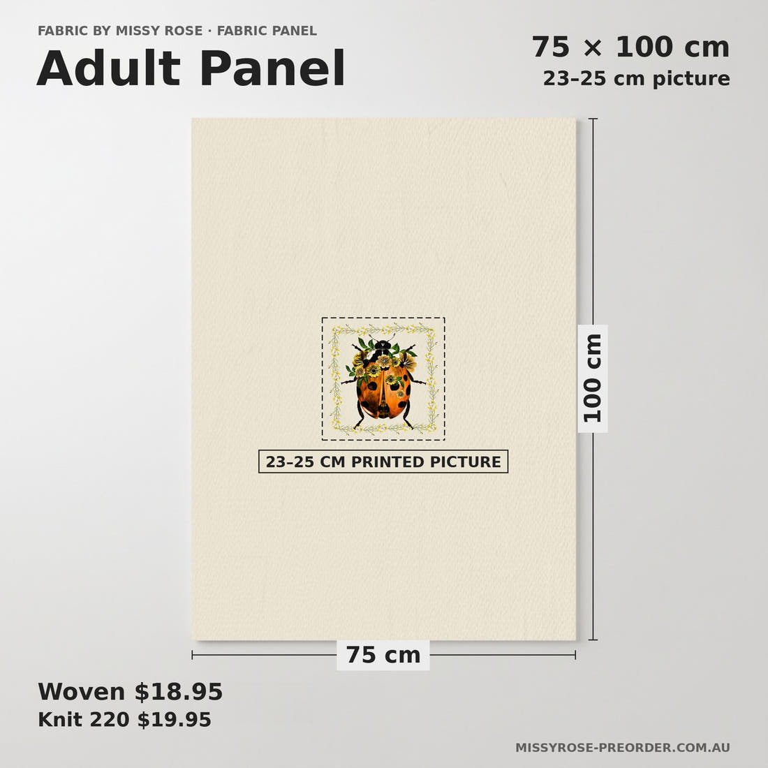 Design 373 Floral Lady Beetle Panel adult panel sizing – 23–25 cm printed picture on 75 × 100 cm fabric | Fabric by Missy Rose