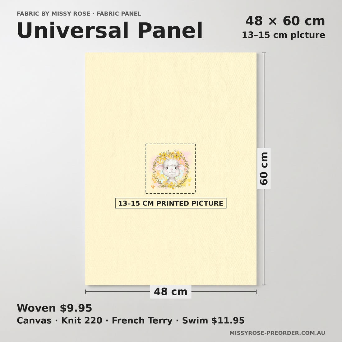 Design 374 Yellow Lamb Panel universal panel sizing – 13–15 cm printed picture on 48 × 60 cm fabric | Fabric by Missy Rose