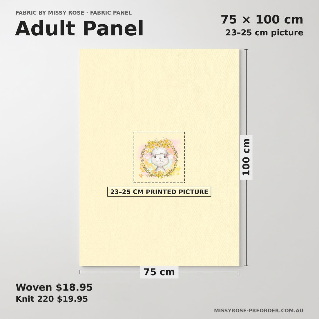 Design 374 Yellow Lamb Panel adult panel sizing – 23–25 cm printed picture on 75 × 100 cm fabric | Fabric by Missy Rose