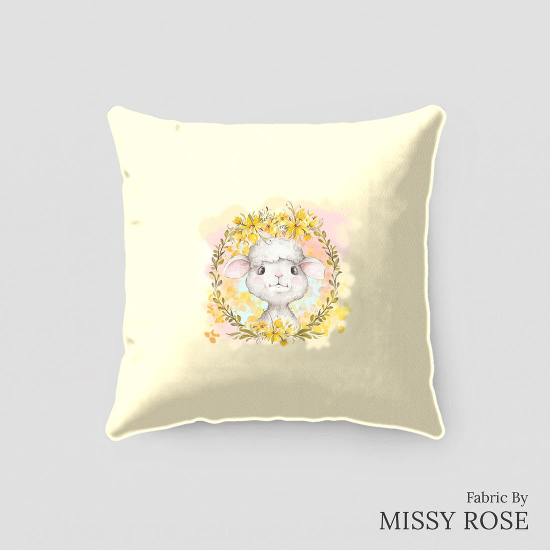 Design 374 Yellow Lamb Panel sewn into a cushion – see how the panel looks made up | Fabric by Missy Rose