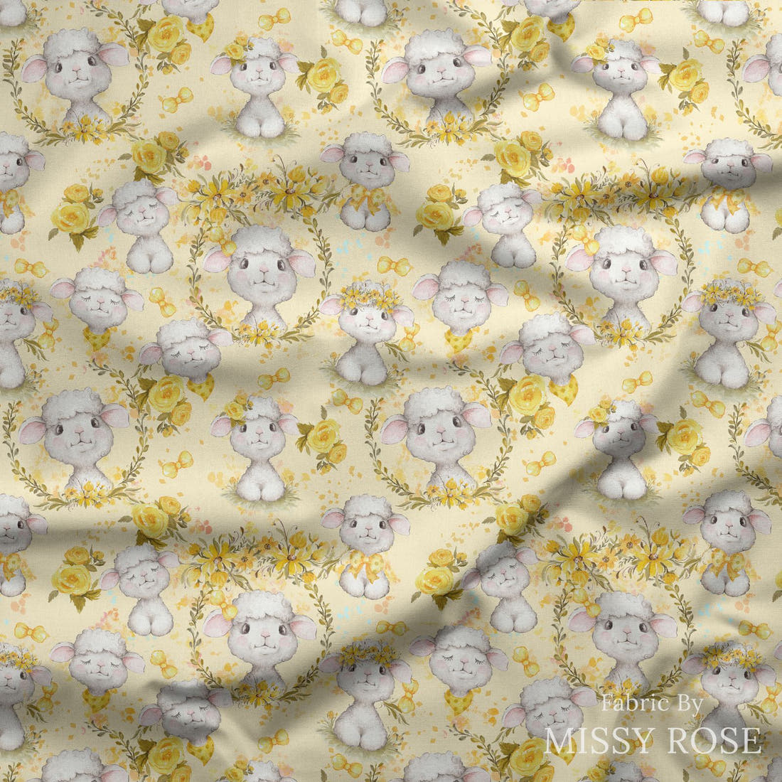 Design 374 Yellow Lamb Fabric draped fabric mockup – custom printed fabric by the metre | Fabric by Missy Rose