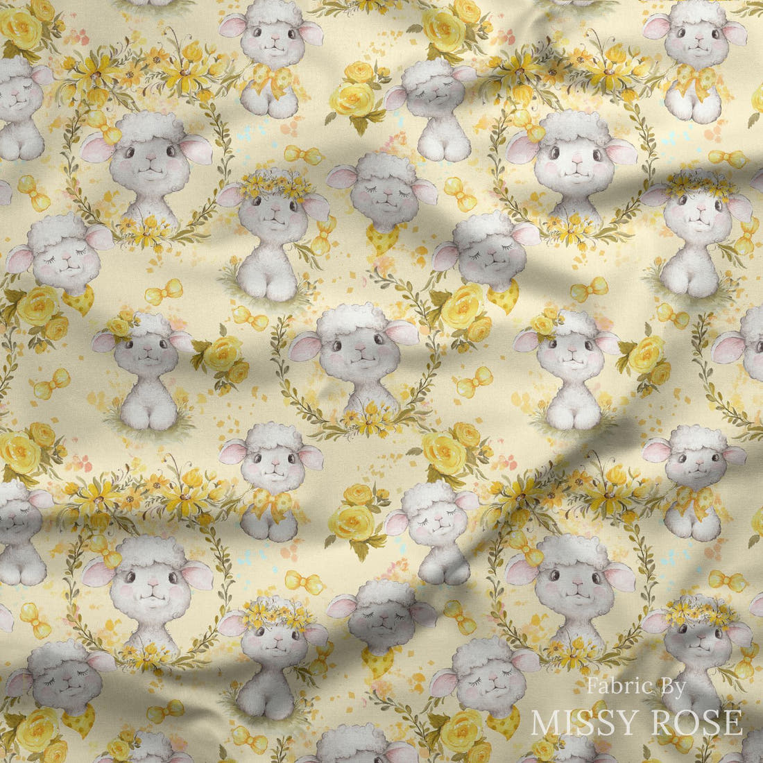 Design 374 Yellow Lamb Fabric draped fabric mockup – custom printed fabric by the metre | Fabric by Missy Rose