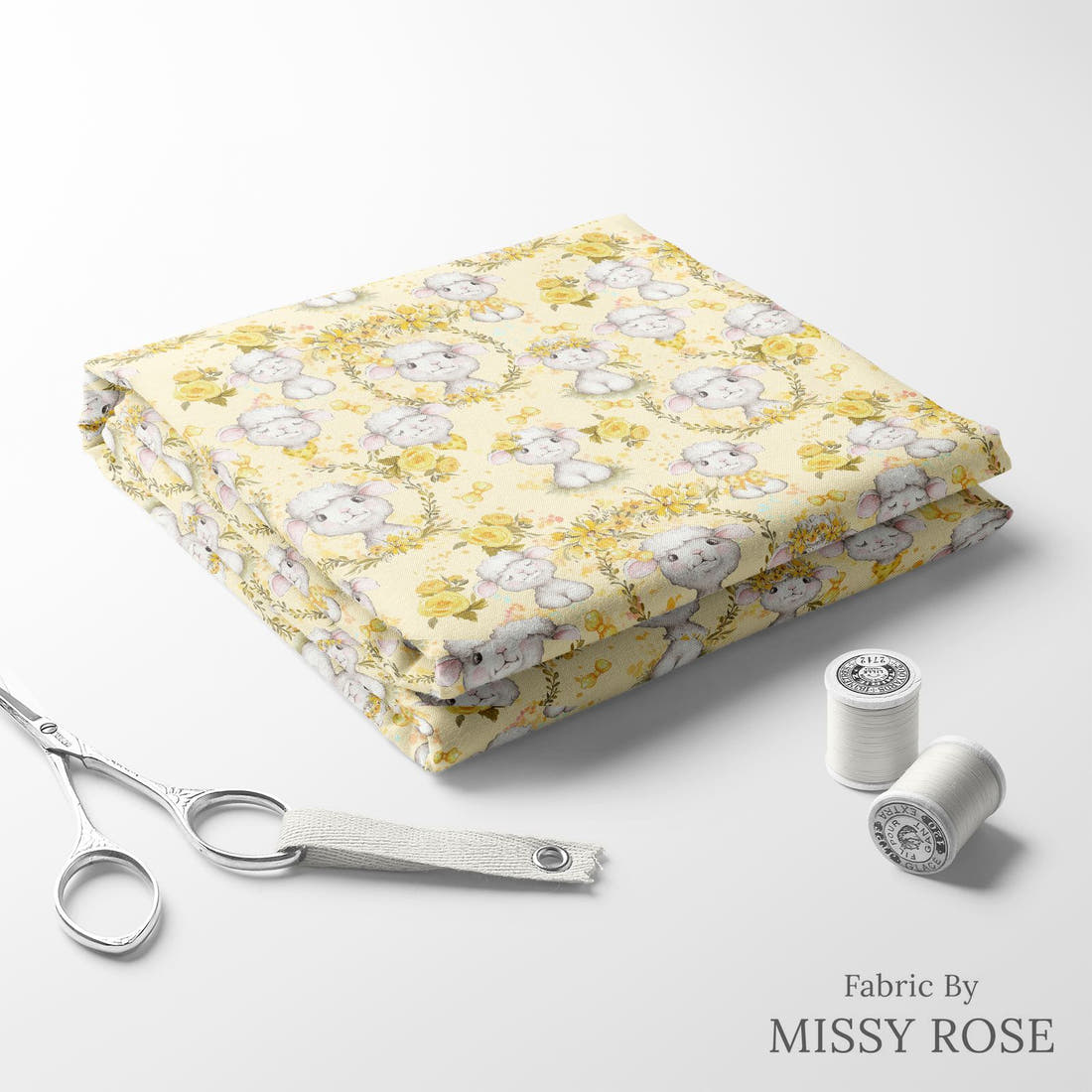 Design 374 Yellow Lamb Fabric folded fabric stack with matching thread – pre-order fabric Australia | Fabric by Missy Rose