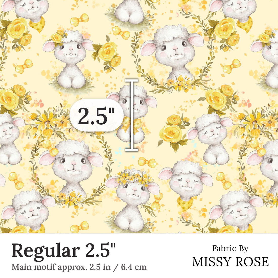 Design 374 Yellow Lamb Fabric Regular 2.5 inch print scale guide | Fabric by Missy Rose