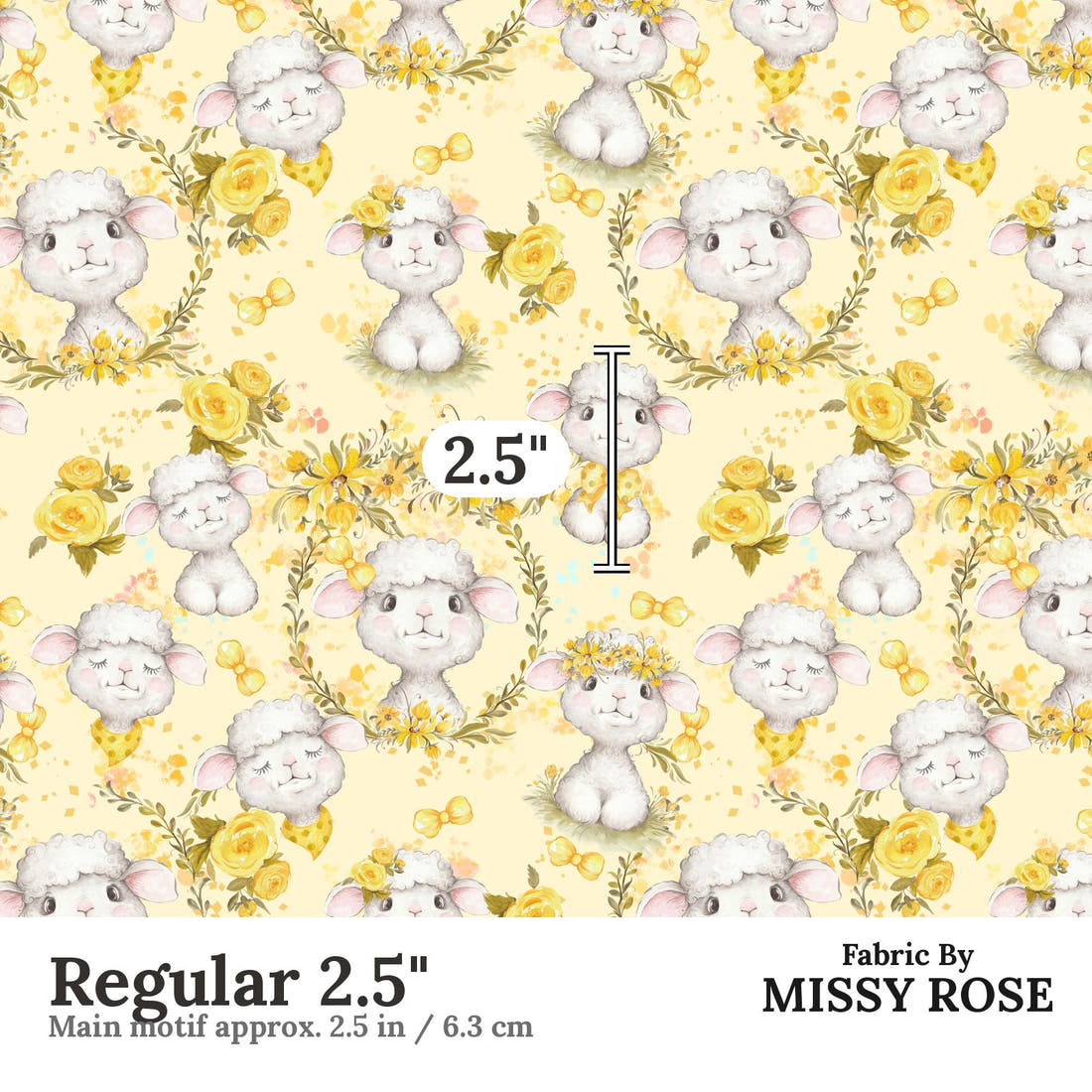 Design 374 Yellow Lamb Fabric Regular 2.5" - print scale | Fabric by Missy Rose