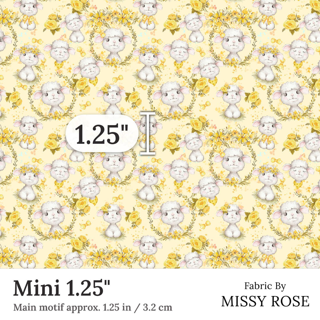 Design 374 Yellow Lamb Fabric Mini 1.25 inch print scale guide | Fabric by Missy Rose