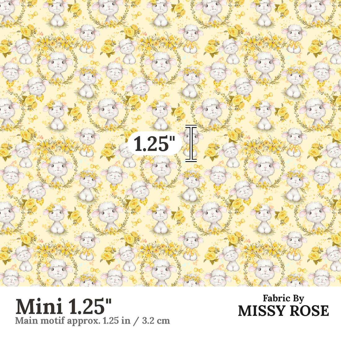 Design 374 Yellow Lamb Fabric Mini 1.25" - print scale | Fabric by Missy Rose