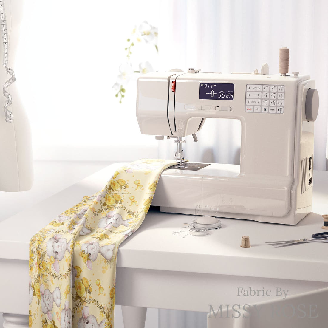Design 374 Yellow Lamb Fabric on a sewing machine – premium fabric for sewing projects | Fabric by Missy Rose