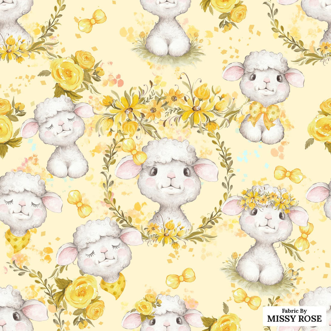 Design 374 Yellow Lamb Fabric - flat view of the print, zoom in for detail | Fabric by Missy Rose