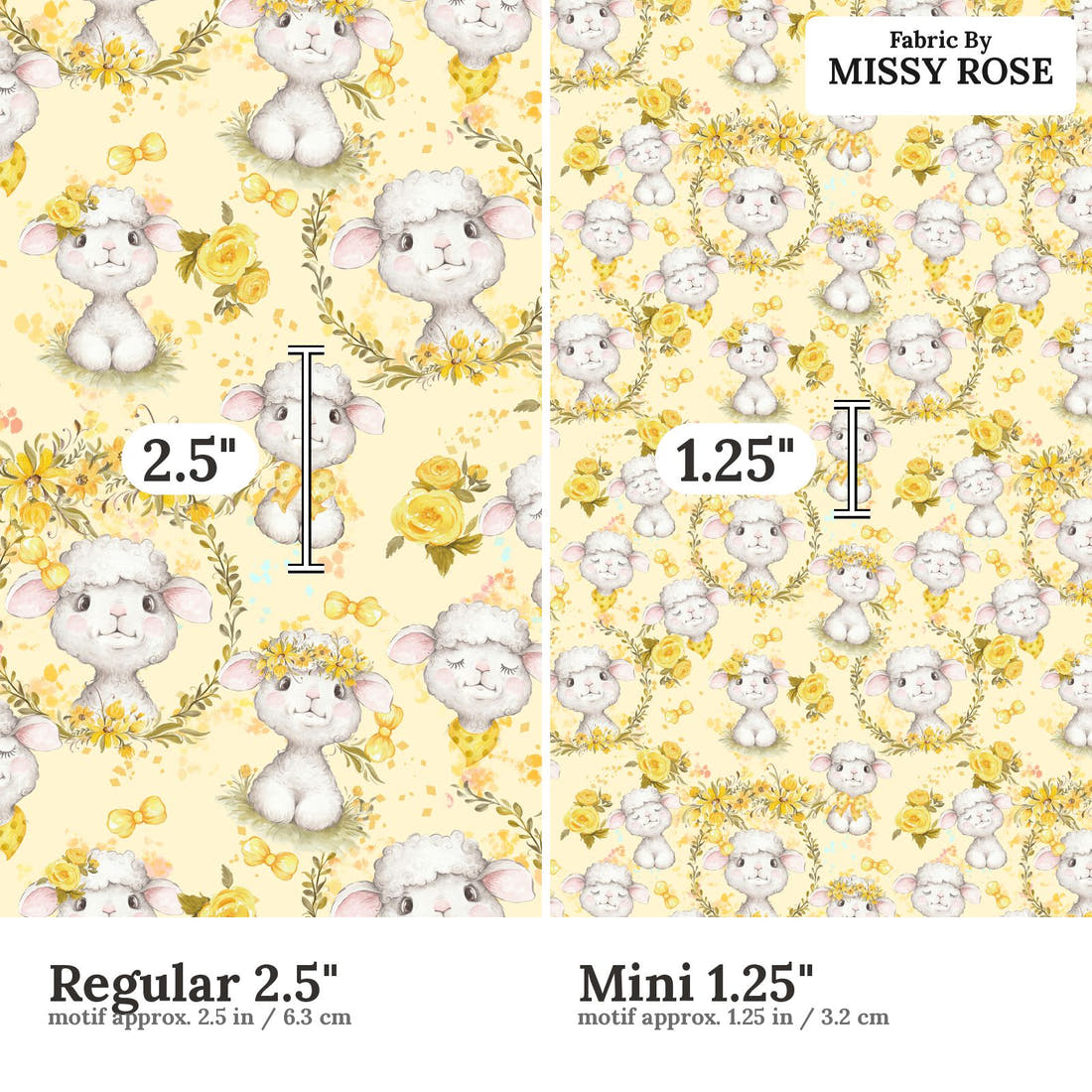 Design 374 Yellow Lamb Fabric size comparison - print scale | Fabric by Missy Rose
