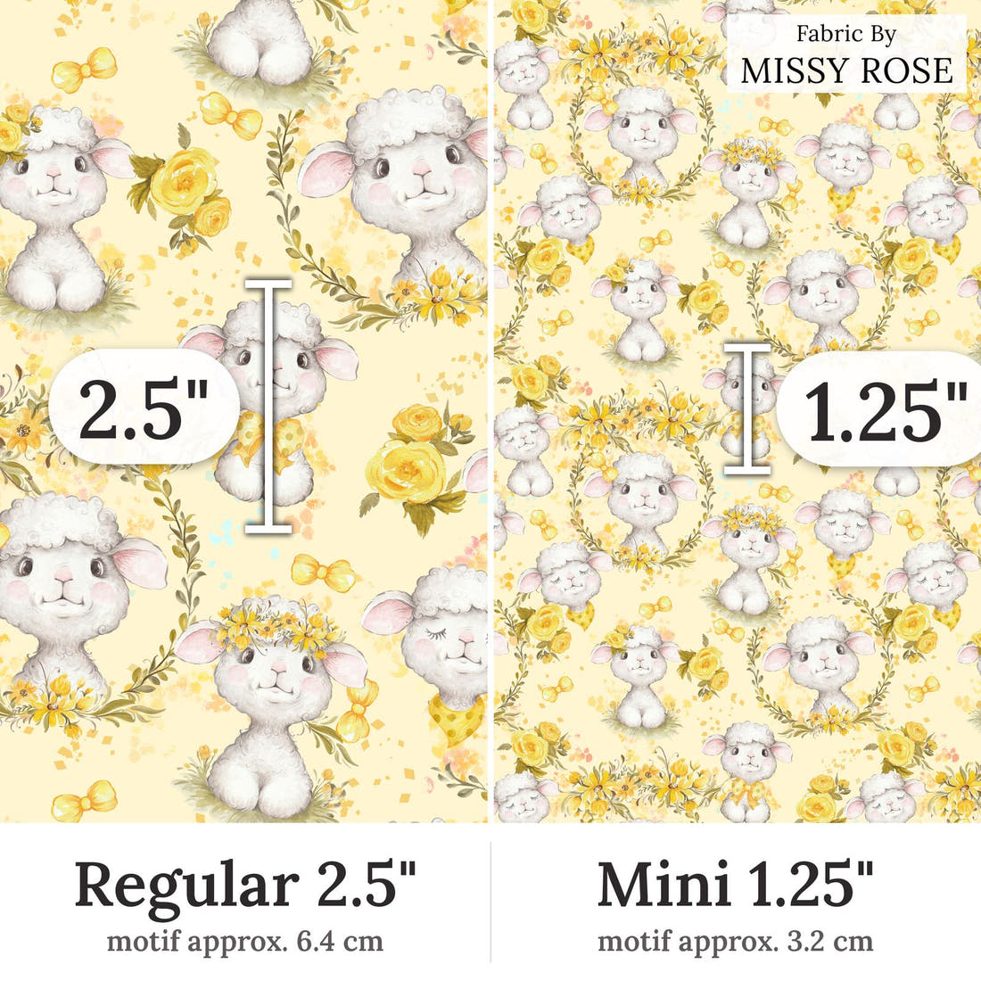 Design 374 Yellow Lamb Fabric Regular 2.5 inch vs Mini 1.25 inch print scale side by side | Fabric by Missy Rose
