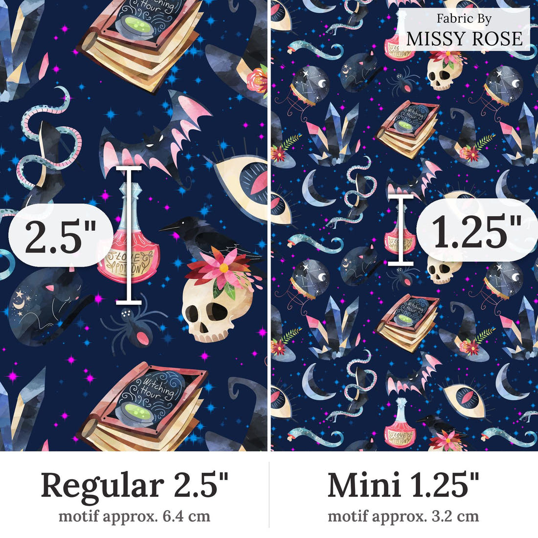 Design 375 Magic Fabric Regular 2.5 inch vs Mini 1.25 inch print scale side by side | Fabric by Missy Rose