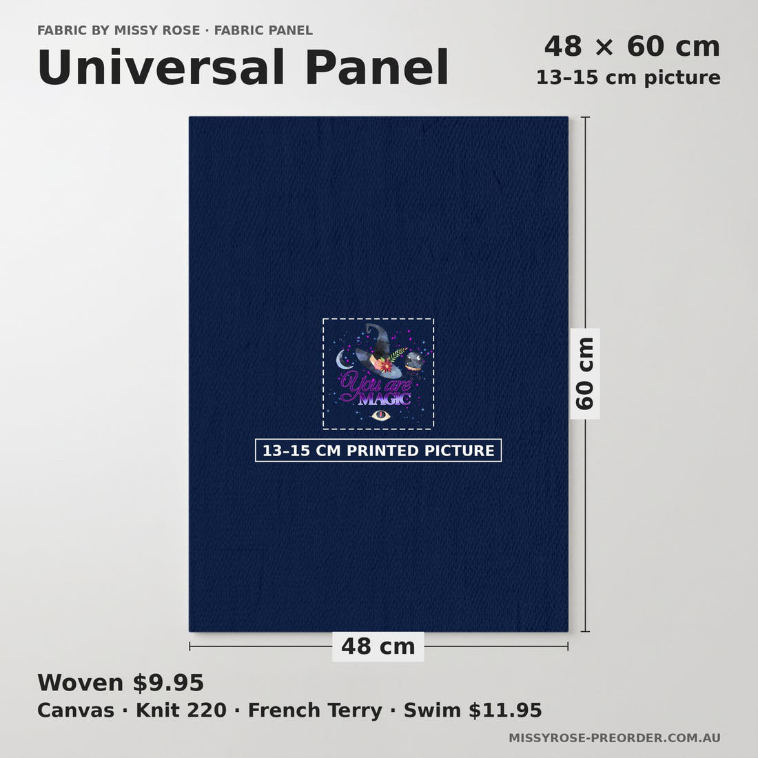 Design 375 Magic Panel universal panel sizing – 13–15 cm printed picture on 48 × 60 cm fabric | Fabric by Missy Rose