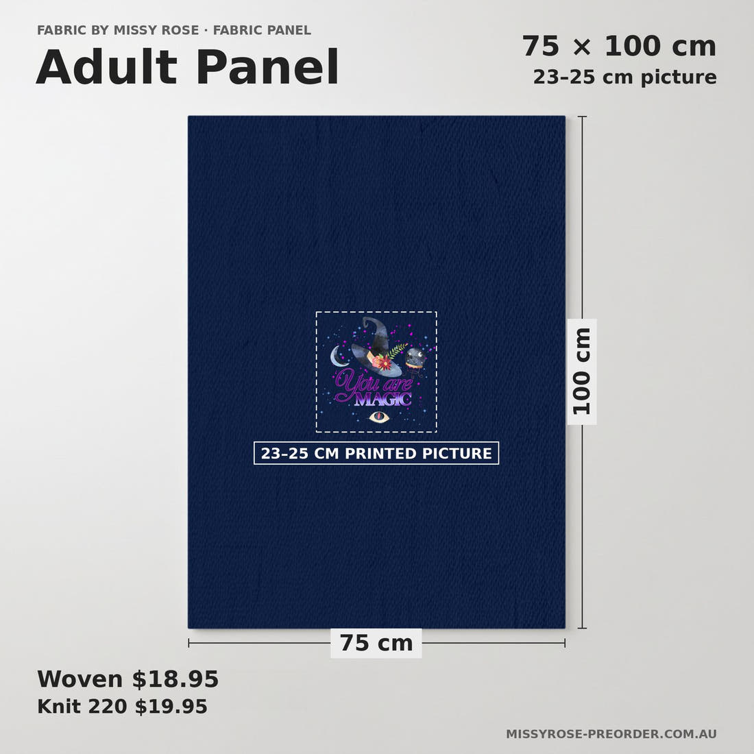 Design 375 Magic Panel adult panel sizing – 23–25 cm printed picture on 75 × 100 cm fabric | Fabric by Missy Rose
